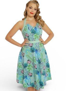 Lindy Bop Myrtle Halter Pinup Style Dress In Turquoise Floral